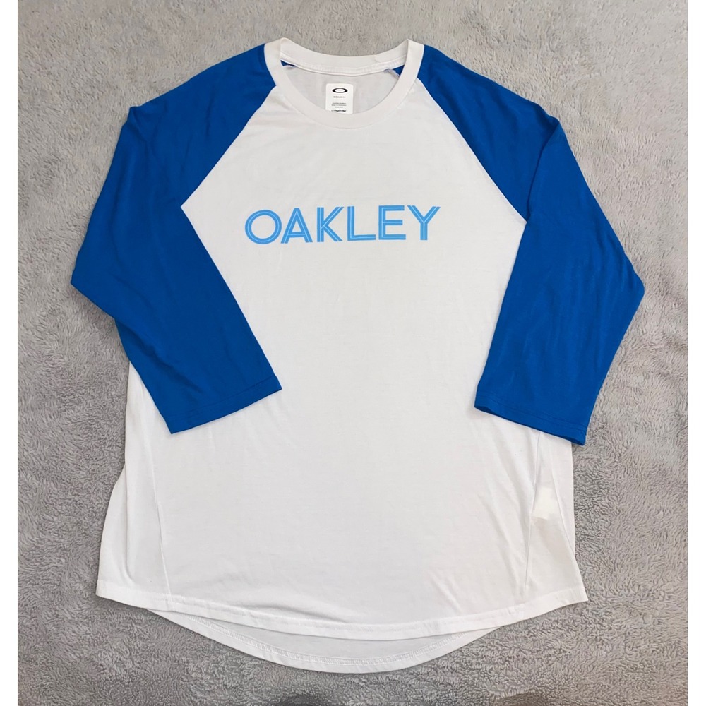 Authentic Oakley 3/4 Sleeve Shirt Regular Fit White Blue ~ US Men Size Large